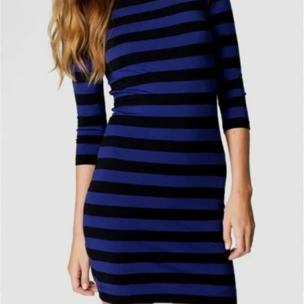 French Connection black purple striped stretch dress